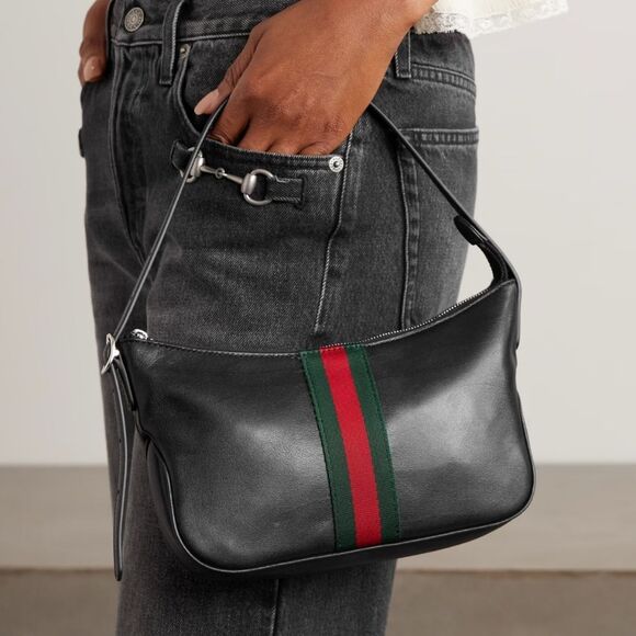 Gucci Designer Lunetta leather Purse Trimmed Jacquard Shoulder Bag Green Red - Picture 10 of 13
